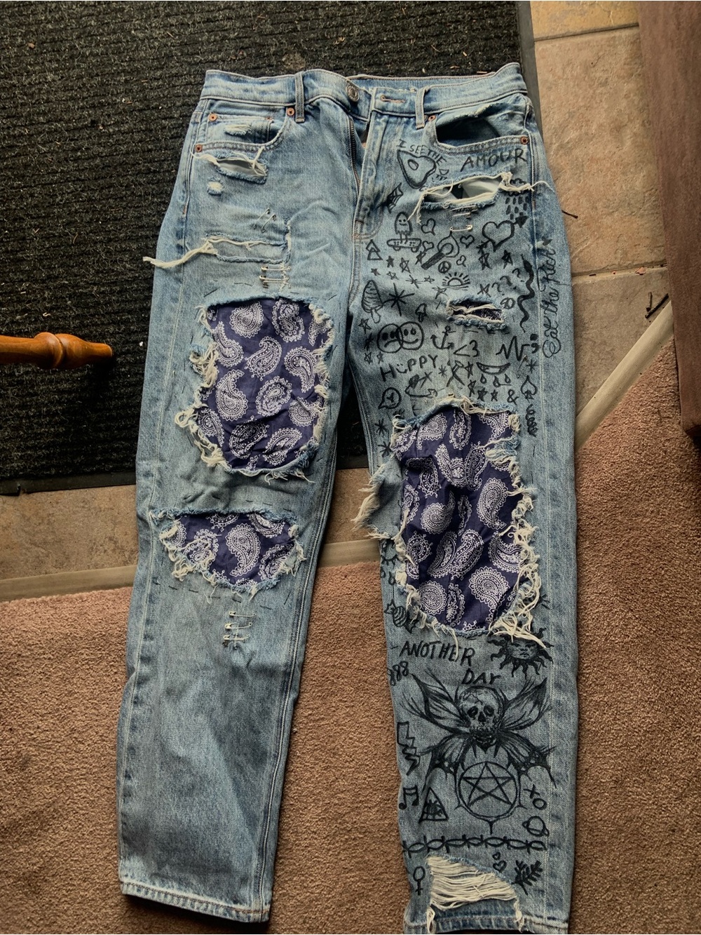 American Eagle Outfitters Light Blue Distressed Jeans with Navy Bandana Patches